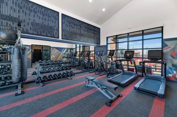 A gym with a variety of equipment including treadmills, weights, and exercise bikes.at Marketside Villas at Verrado, Buckeye, AZ